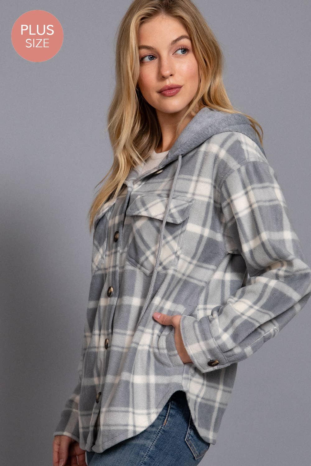 Gray Plaid Button Down with Hoodie Fleece Jacket (Plus)