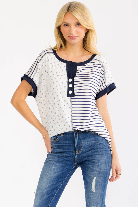 Mixed Print Contrast Henley Top
