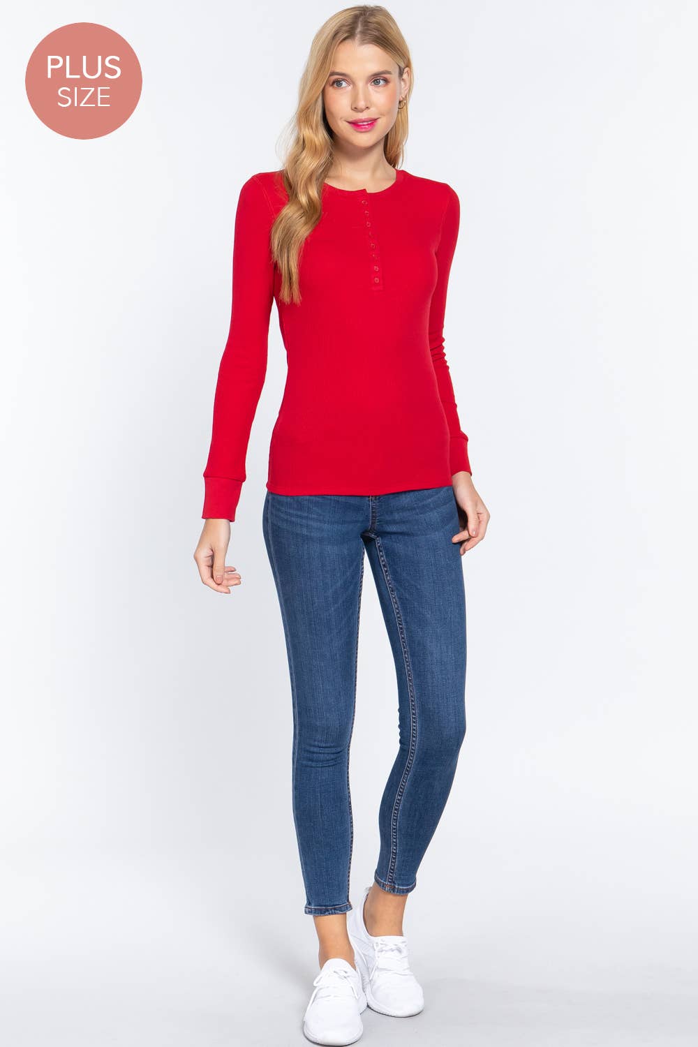 [PLUS SIZE] Long Sleeve Henley Thermal Knit Top