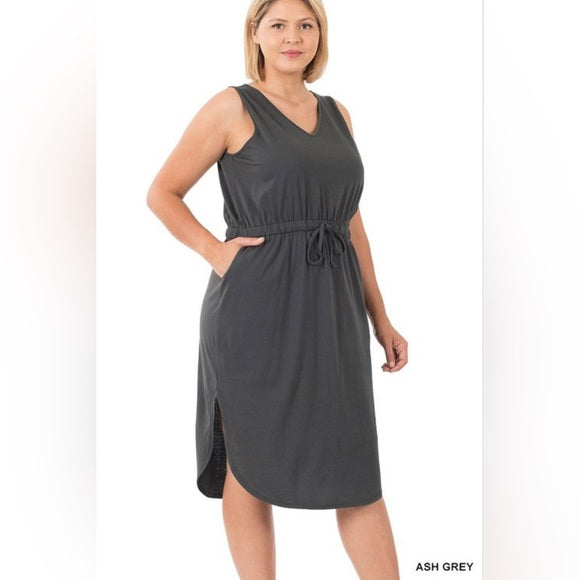 Dolly Drawstring Waist Curved Hem Dress--Ash Gray, PLUS