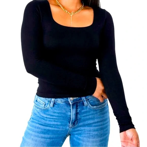 Black Double Layer Square Neck Fitted Knit Crop Top
