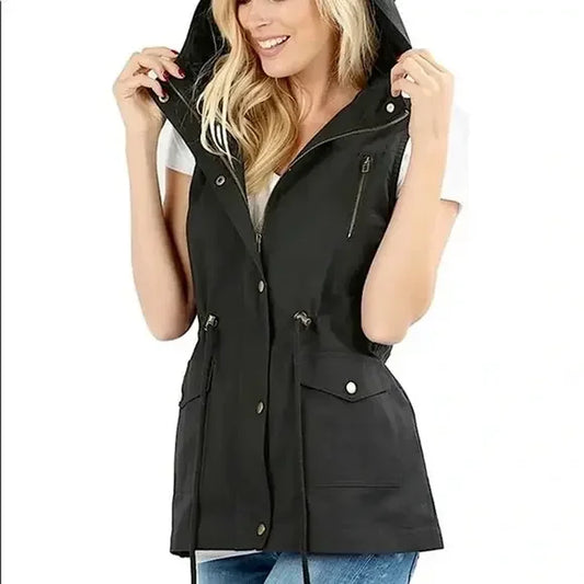 Drawstring Waist Military Hoodie Vest