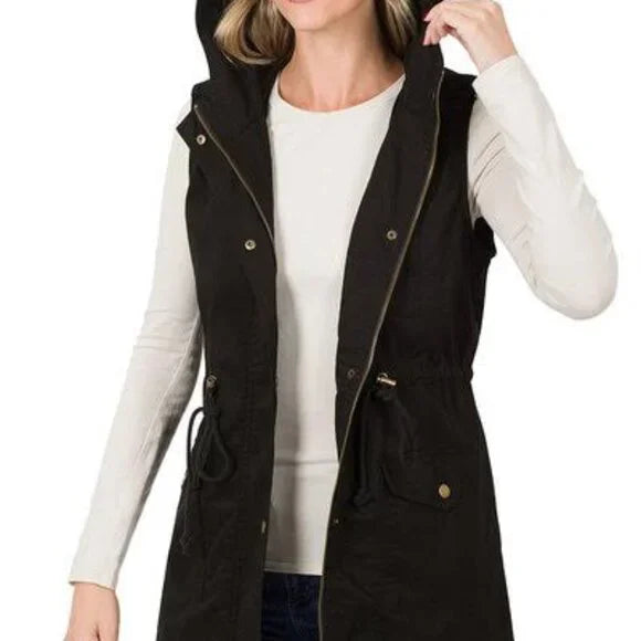 Drawstring Waist Military Hoodie Vest