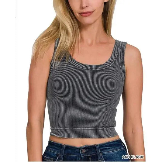 Black Stone Washed Ribbed Seamless Top w/ Pads