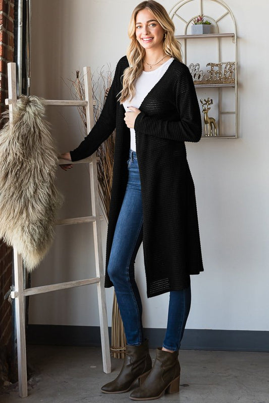 Side Slit Waffle Cardigan--Black (PLUS)