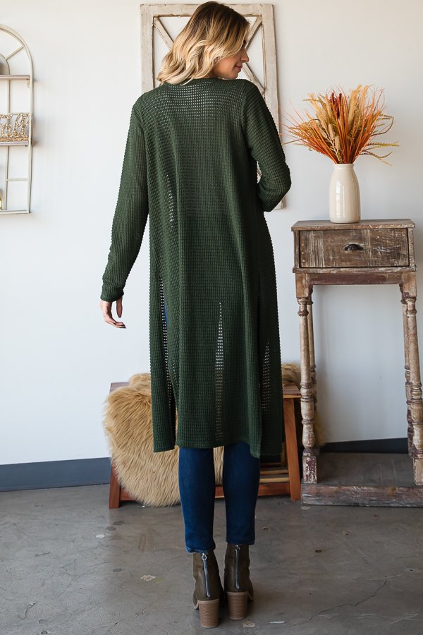 Side Slit Waffle Cardigan--Olive