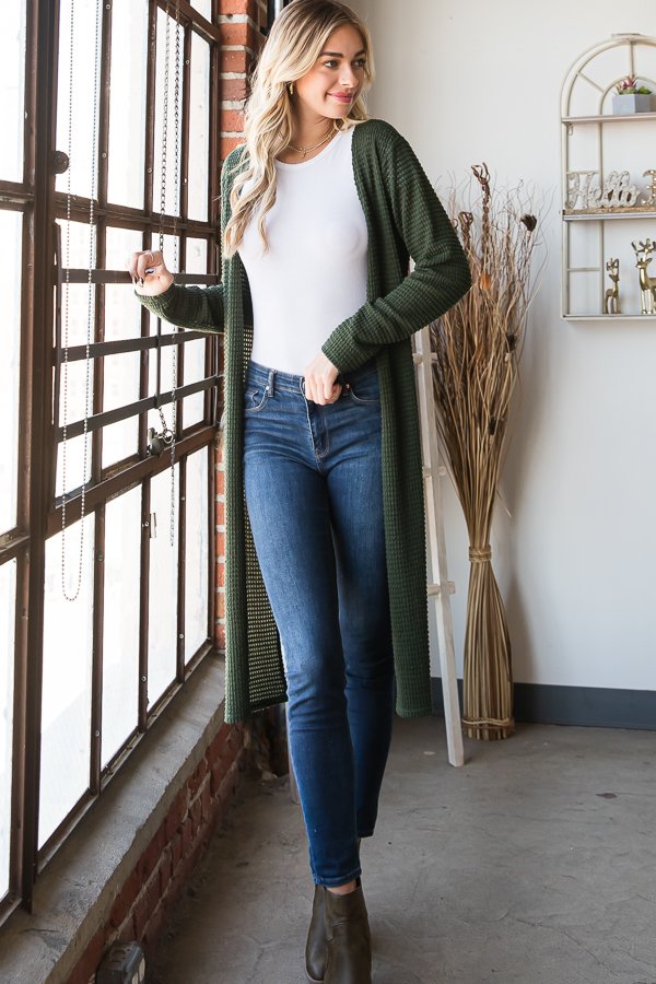 Side Slit Waffle Cardigan--Olive