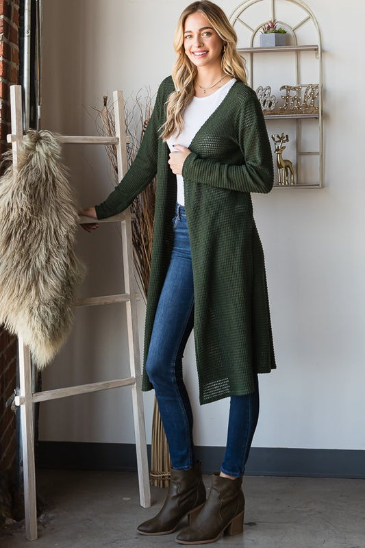 Side Slit Waffle Cardigan--Olive