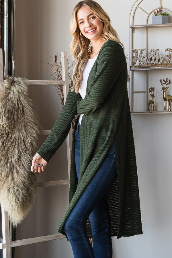 Side Slit Waffle Cardigan--Olive