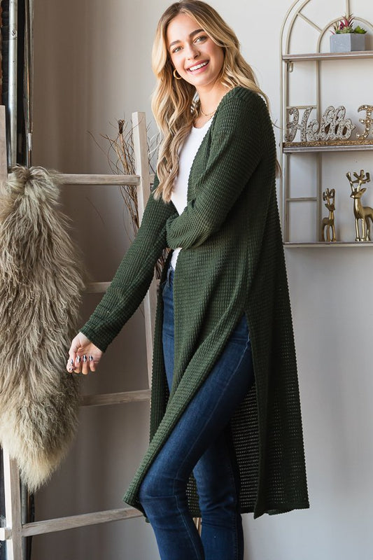 Side Slit Waffle Cardigan--Olive