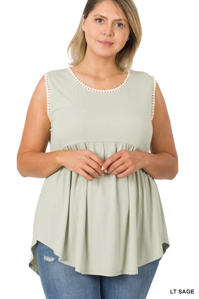 Light Sage Babydoll Tank Top w/ Pom Detail