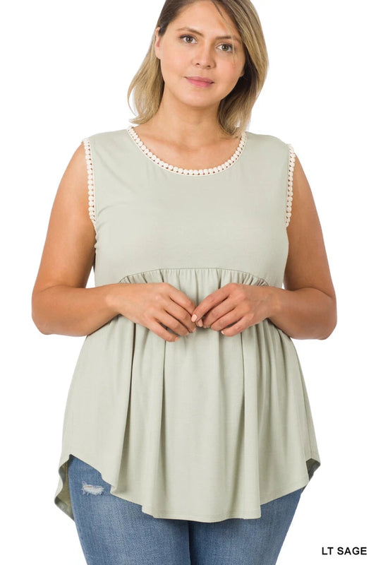 Light Sage Babydoll Tank Top w/ Pom Detail