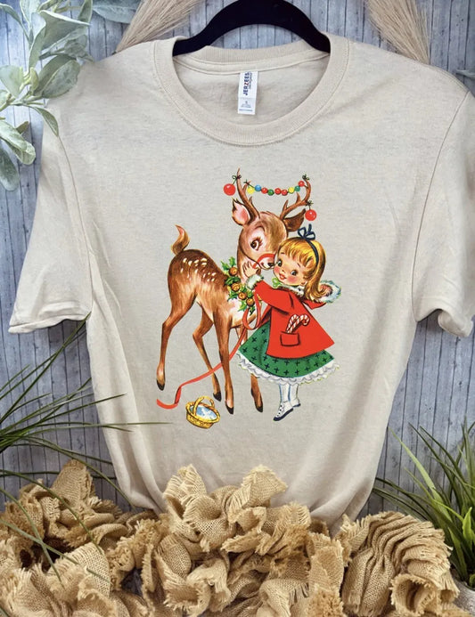 Vintage Girl and Reindeer Graphic Tee