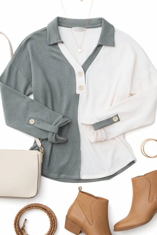 Start Your Day Olive Half & Half Collared Notched Neck Top (Reg AND Plus)