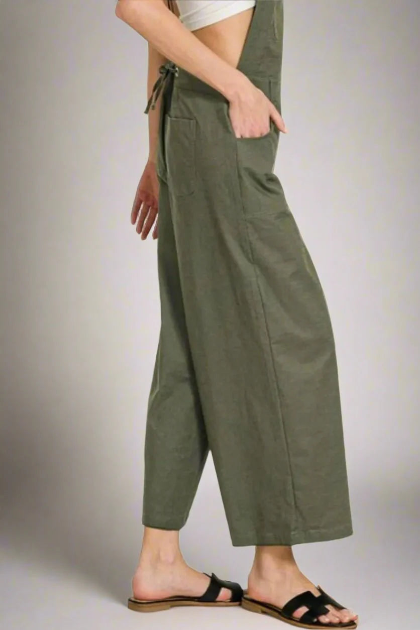 Dark Olive Woven Spaghetti Strap Overalls