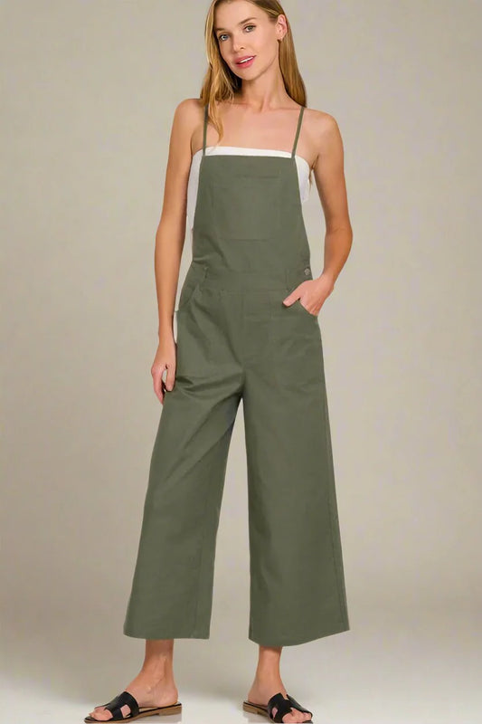Dark Olive Woven Spaghetti Strap Overalls