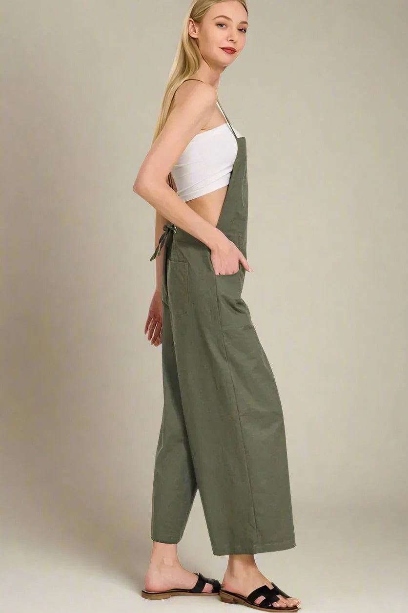 Dark Olive Woven Spaghetti Strap Overalls