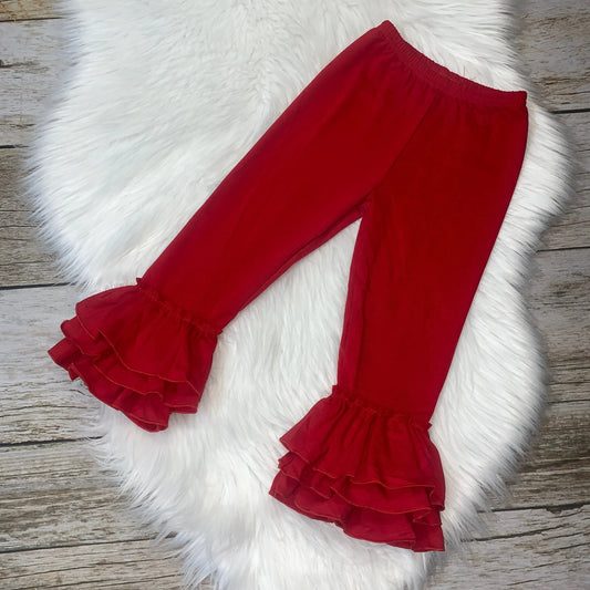 Red Knit Cotton Triple Ruffle Pants