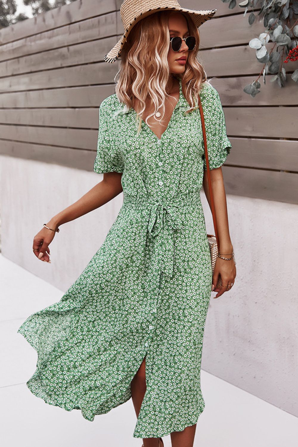 Floral Tie Front Slit Dress