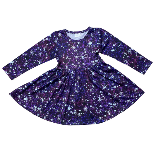 Purple Galaxy Stars Twirly Dress (CC4908)-Dresses-Sparkledots-sparkledots