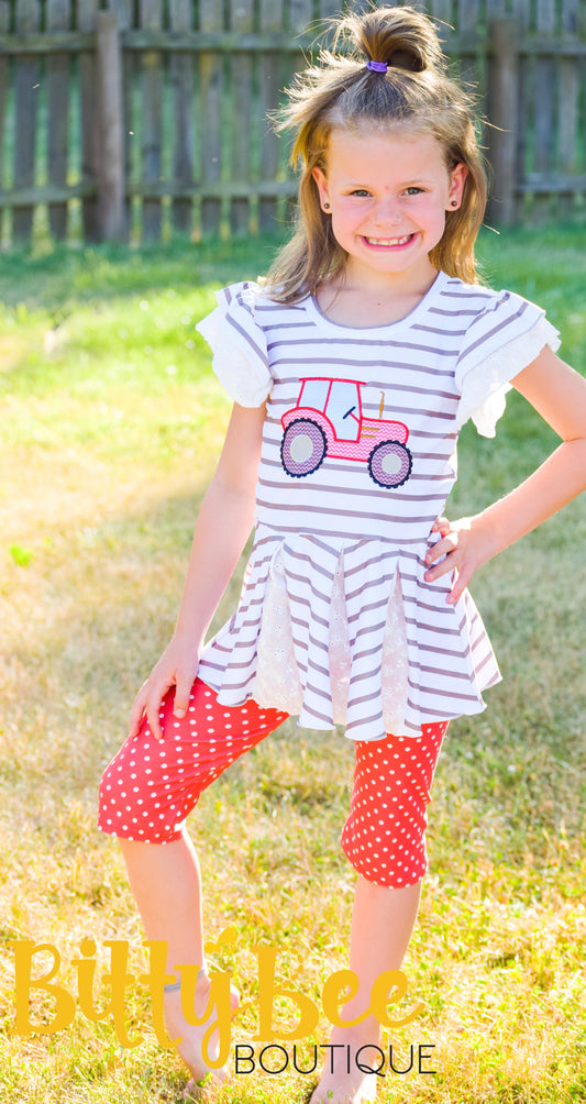 Red & Gray Embroidered Tractor Peplum & Capris Set