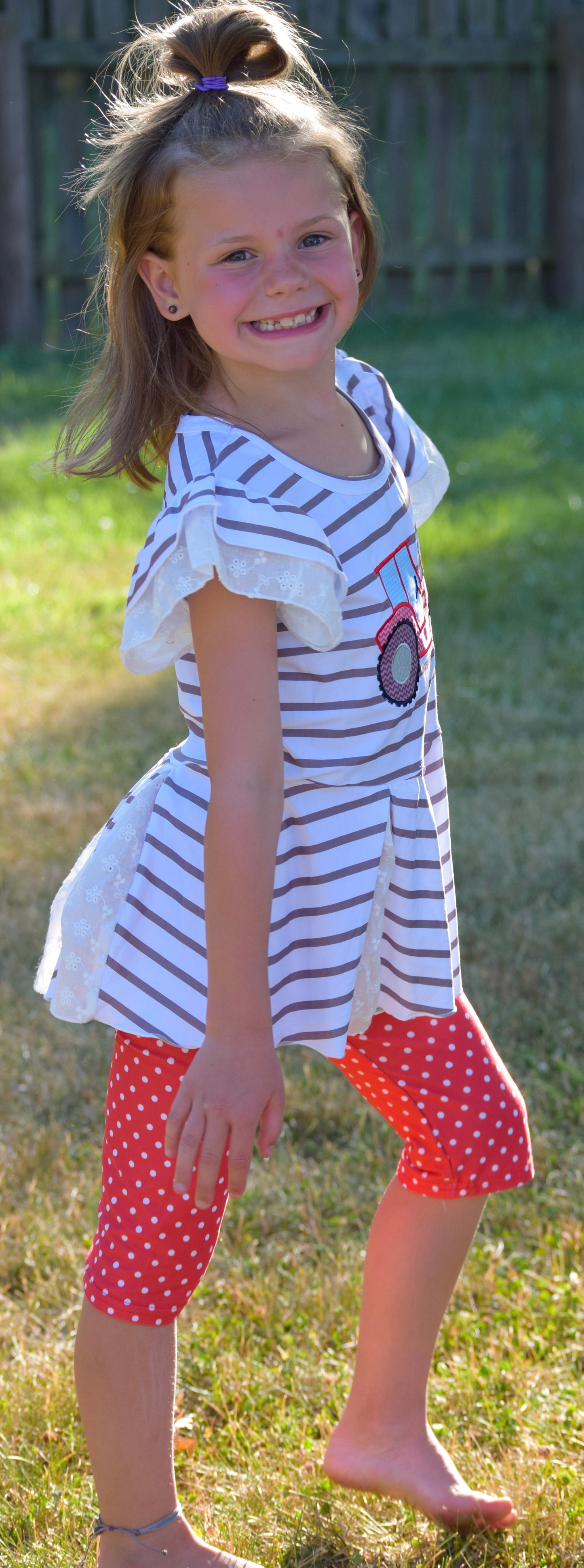 Red & Gray Embroidered Tractor Peplum & Capris Set