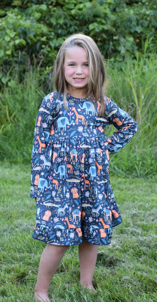 Jungle Animals Bow-Back Twirly Dress