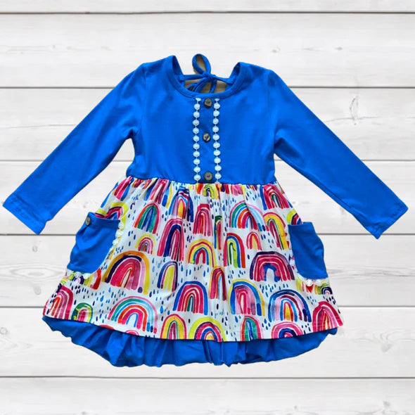 Bright Blue and Rainbow Sweetheart Tie Back Ruffle Dress