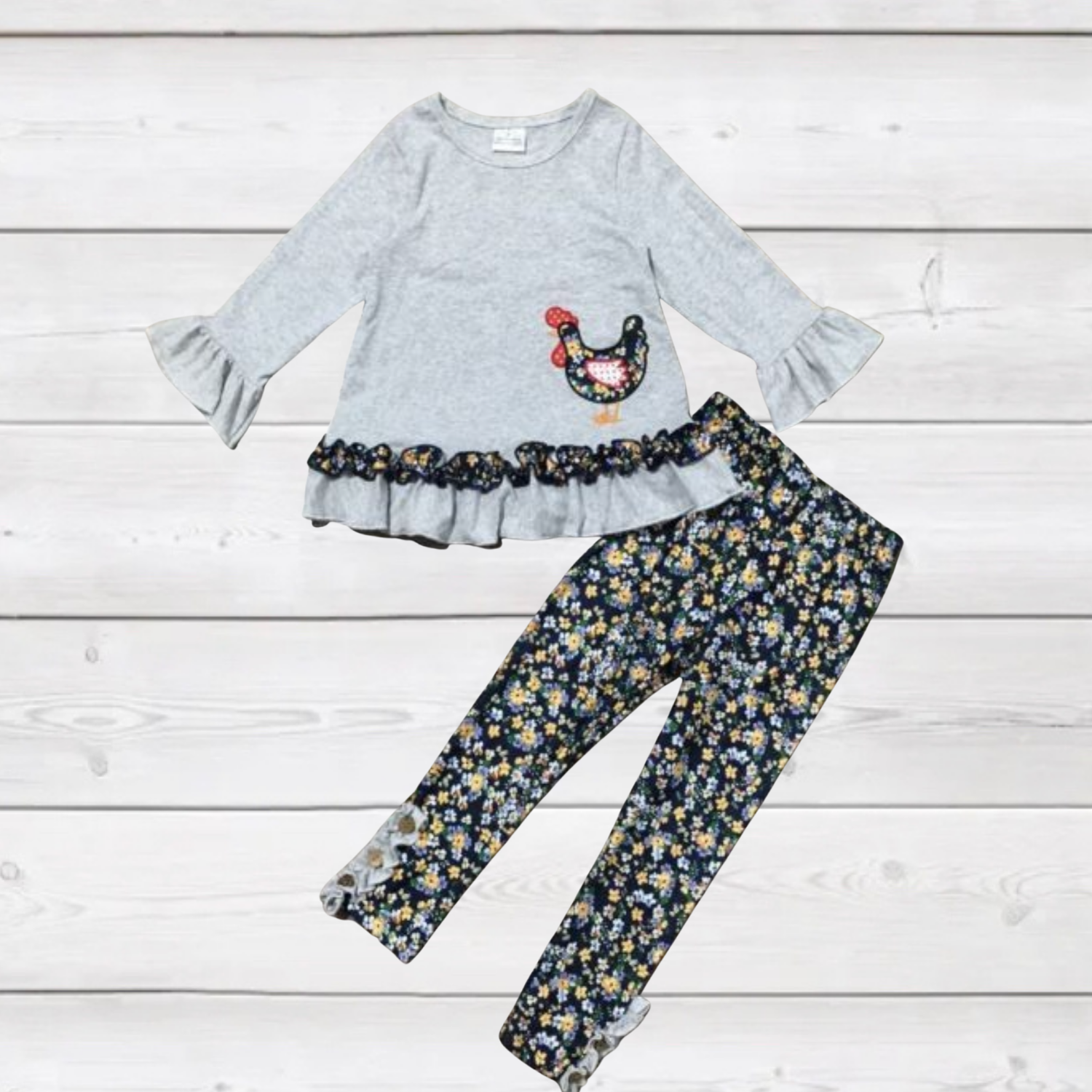 Gray & Navy Floral Applique Chicken Outfit (FSP1001)-Outfit Sets-Sparkledots-sparkledots