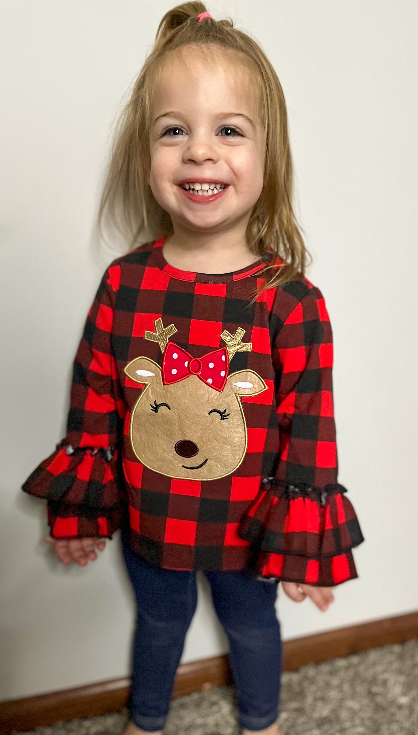 Cutie Reindeer Ruffle Plaid Top