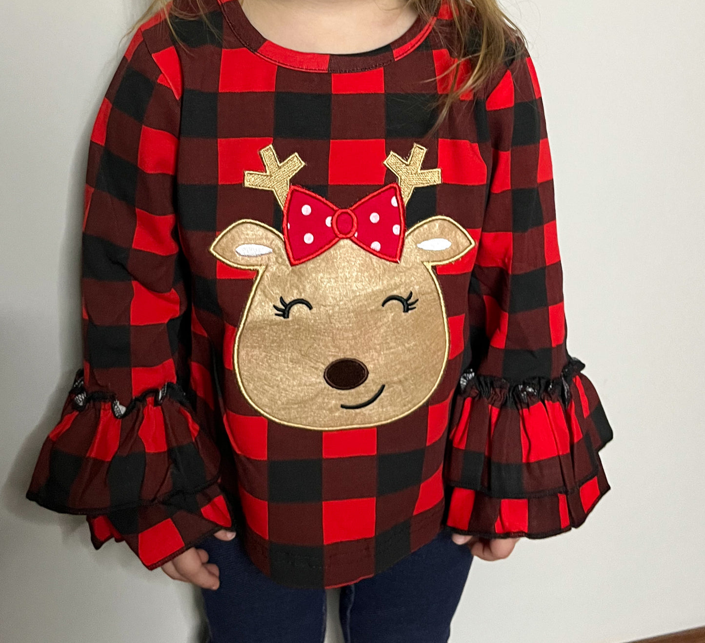 Cutie Reindeer Ruffle Plaid Top