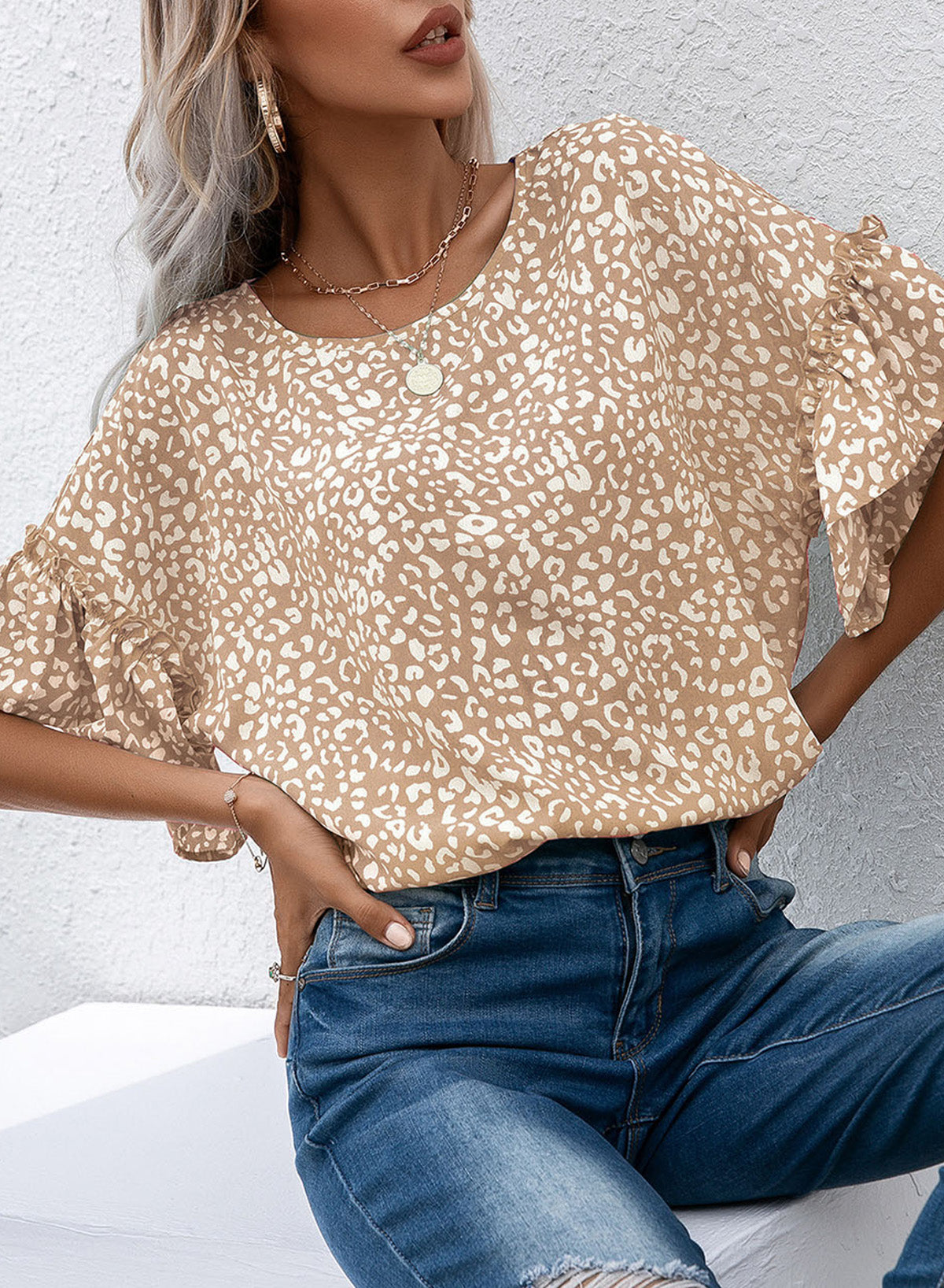 Leopard Round Neck Frill Trim Blouse